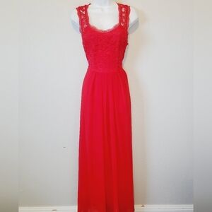 ANGVNS Red Lace Sleeveless Sheer Chiffon Long Gown Maxi Dress Medium